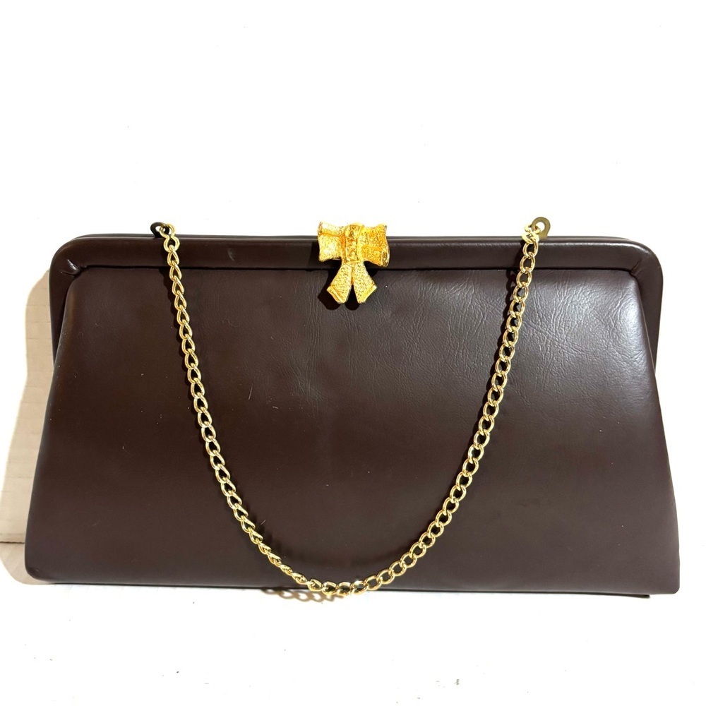 Vintage Dark Brown Clutch with Gold Bow and Chain